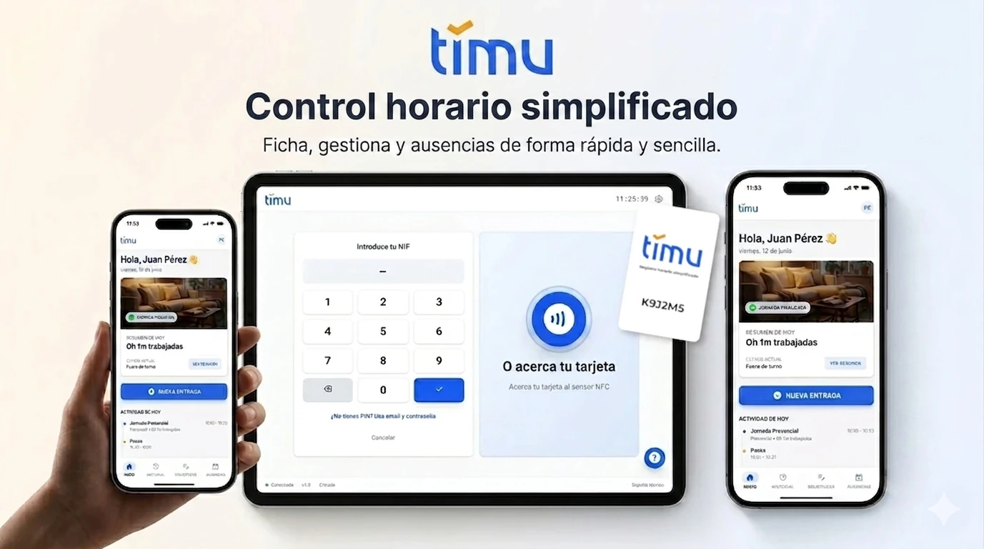 App de empleado mostrando 'En jornada' junto a un kiosco de fichaje con PIN o NFC