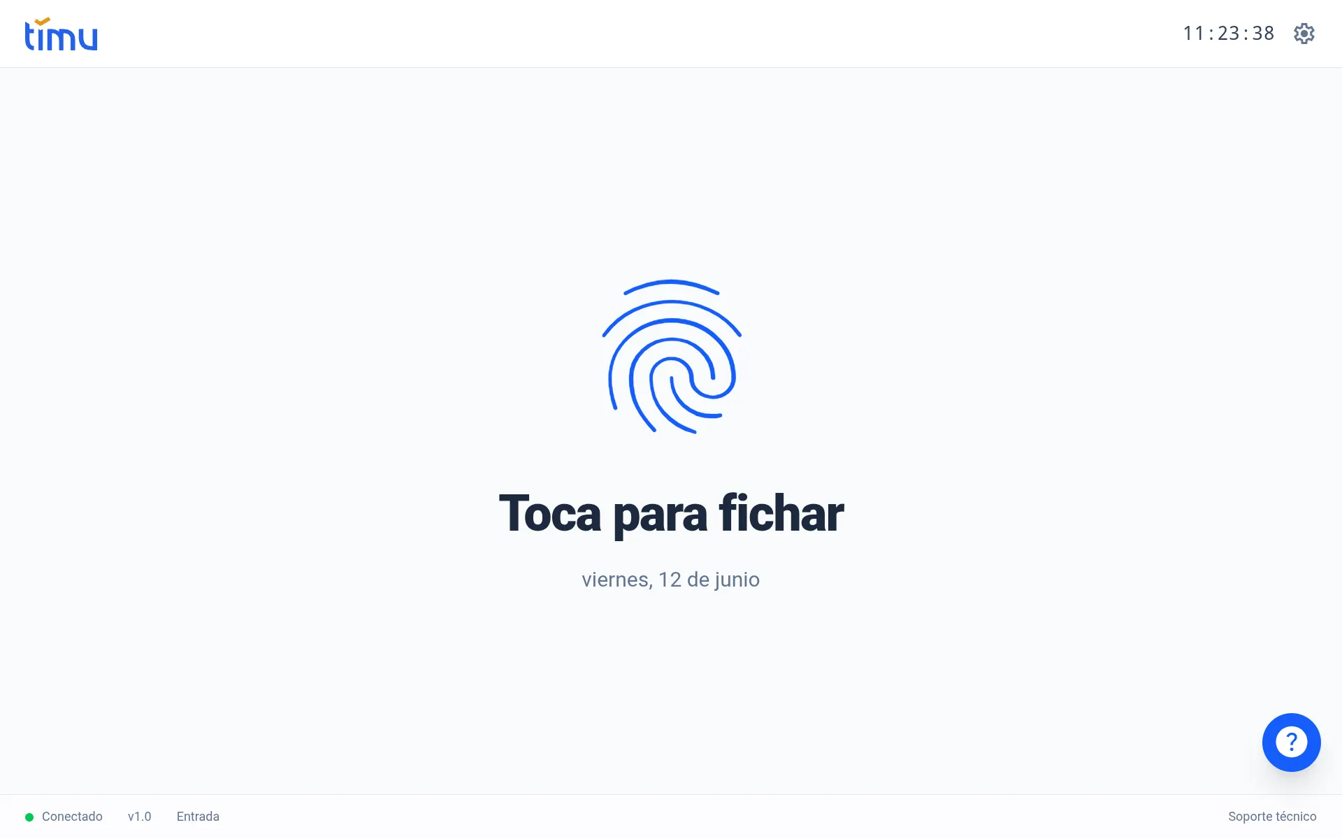 Pantalla de inicio del kiosco con el mensaje «Toca para fichar»
