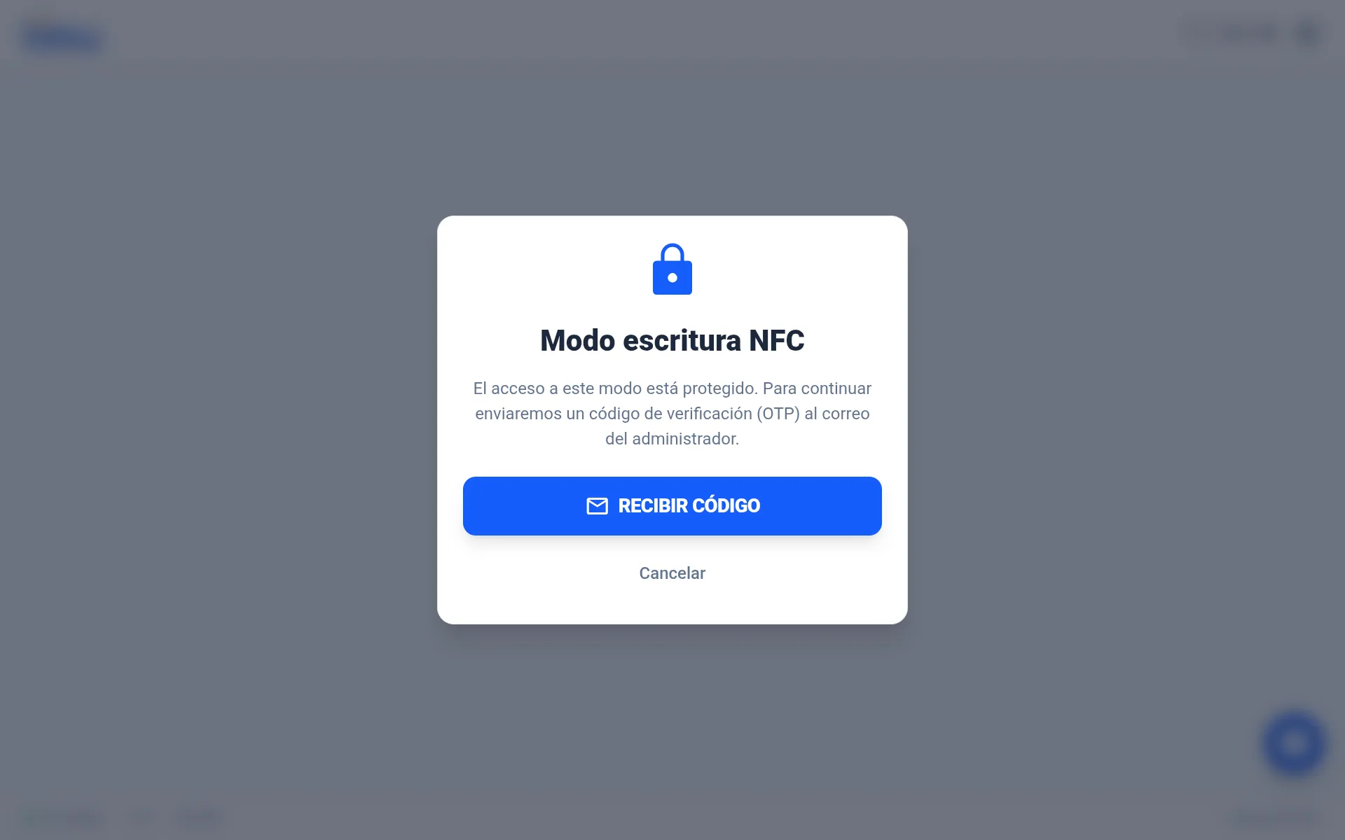 Aviso «Modo escritura NFC» protegido, con el botón «Recibir código»