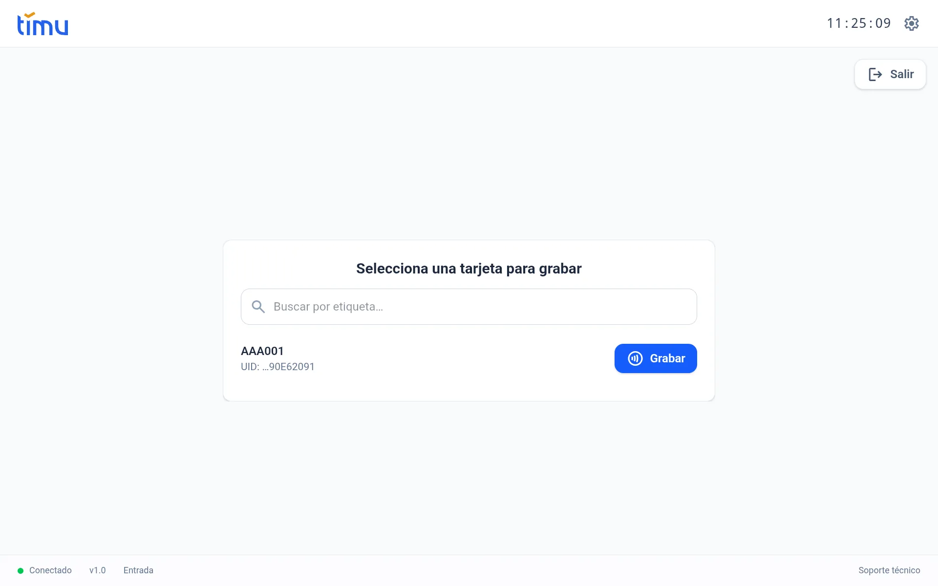 Pantalla «Selecciona una tarjeta para grabar» con el buscador y la lista de tarjetas