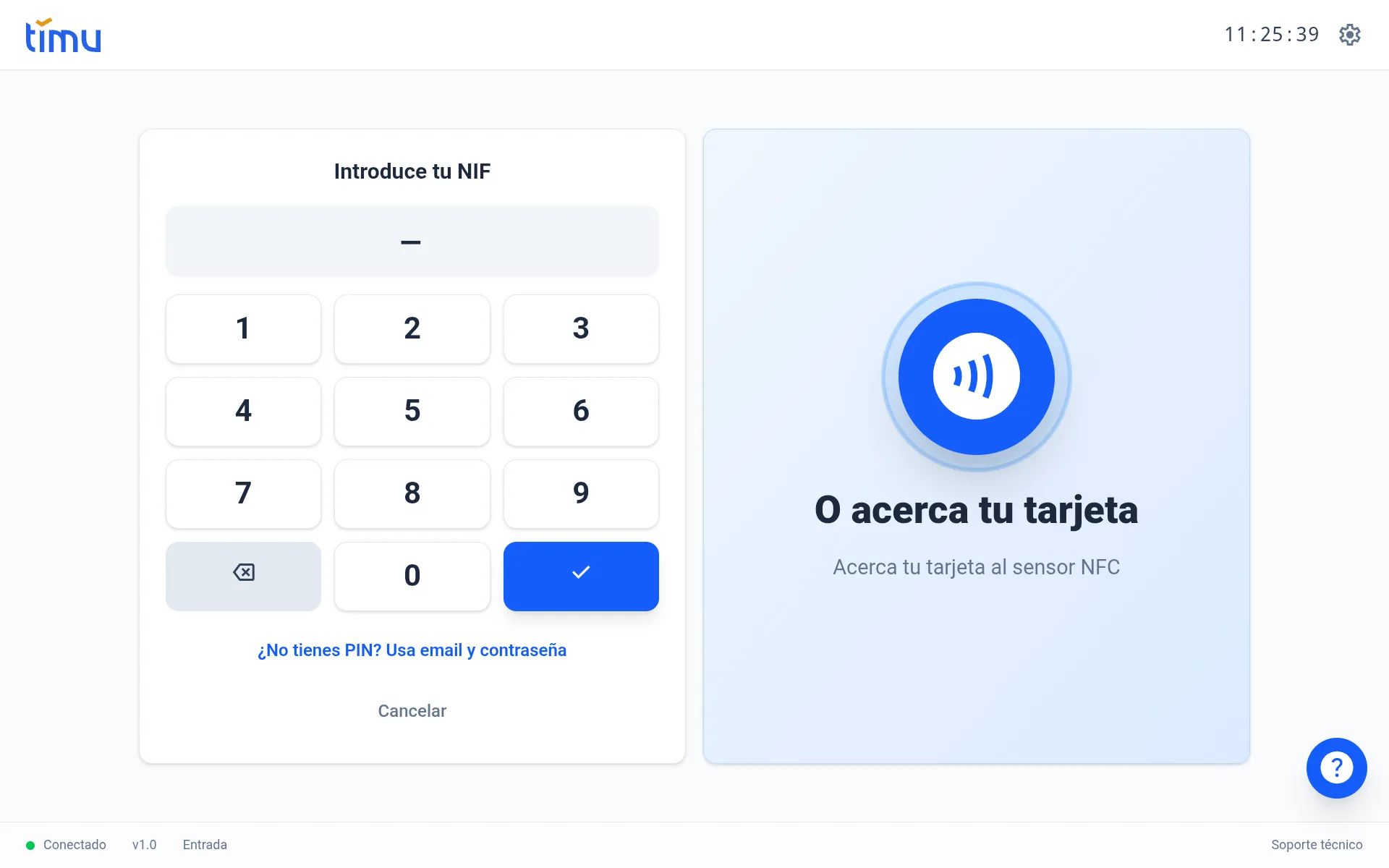 Pantalla de identificación del kiosco: teclado de NIF y, a la derecha, «O acerca tu tarjeta NFC»