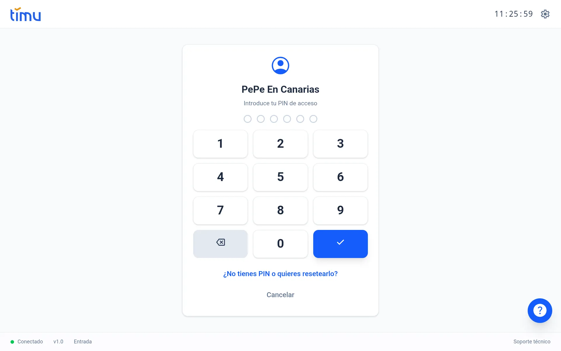 Teclado de PIN del kiosco con el nombre del empleado y los 6 puntos