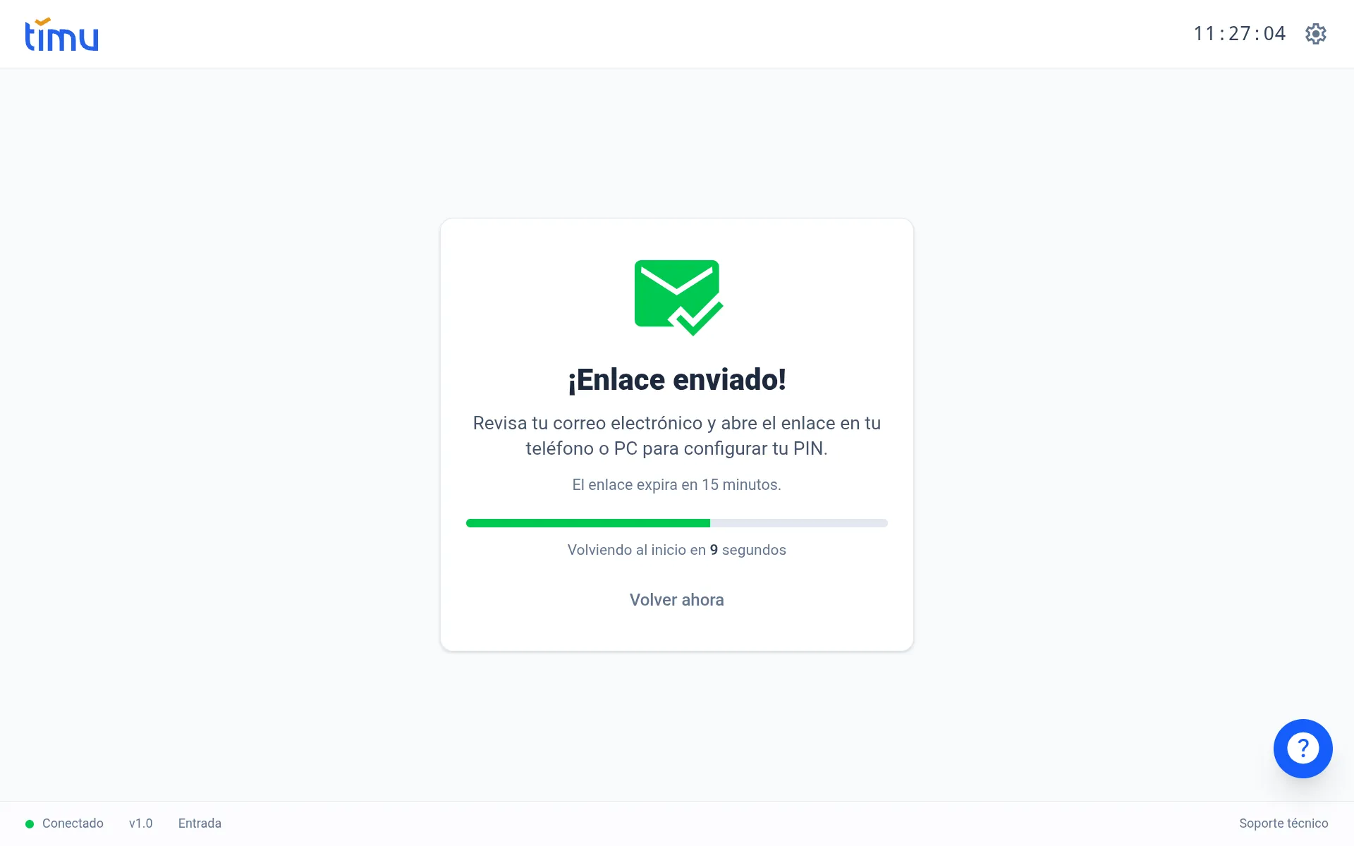 Pantalla del kiosco con el mensaje «¡Enlace enviado!»