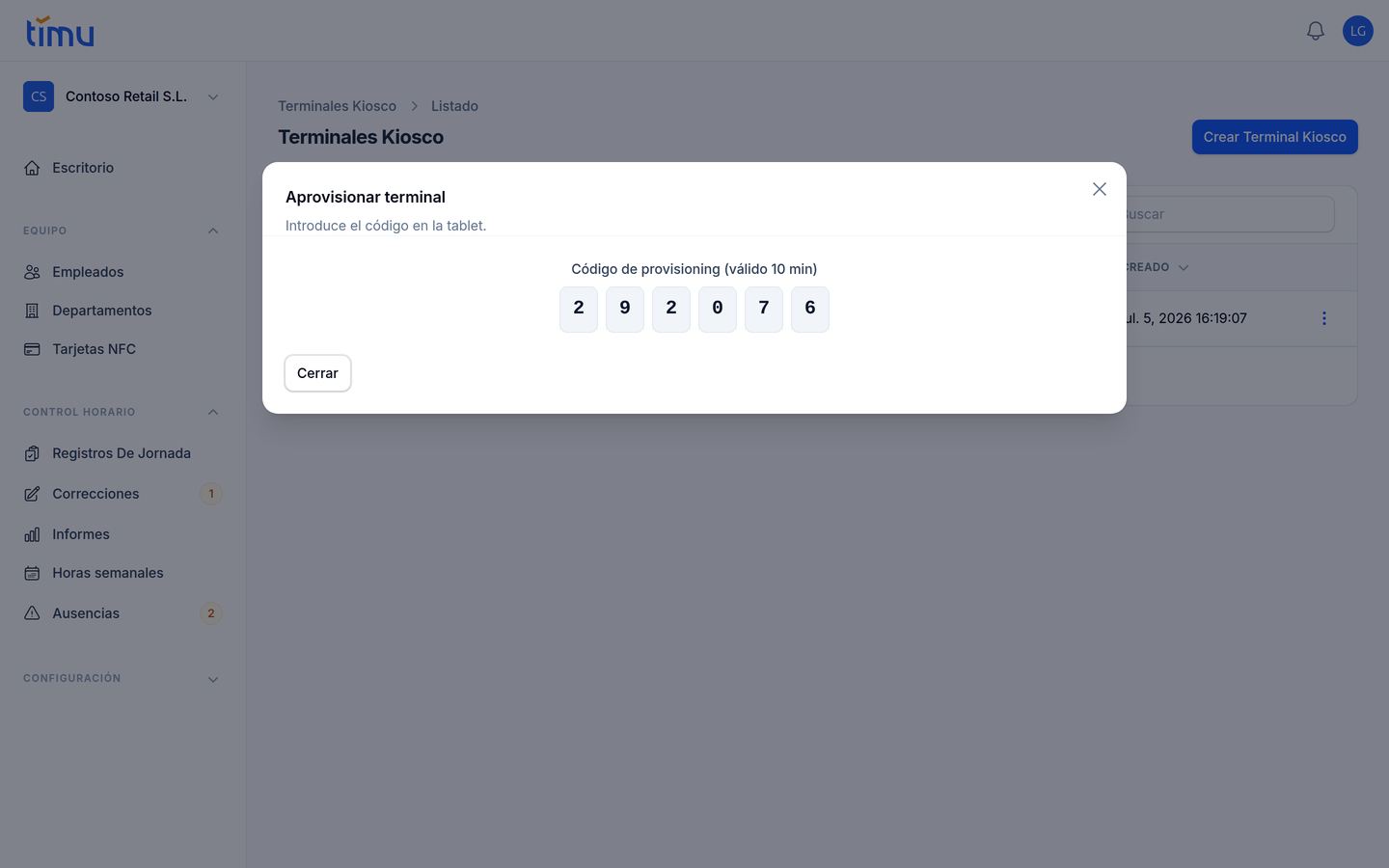 Modal de aprovisionamiento con el QR y el código
