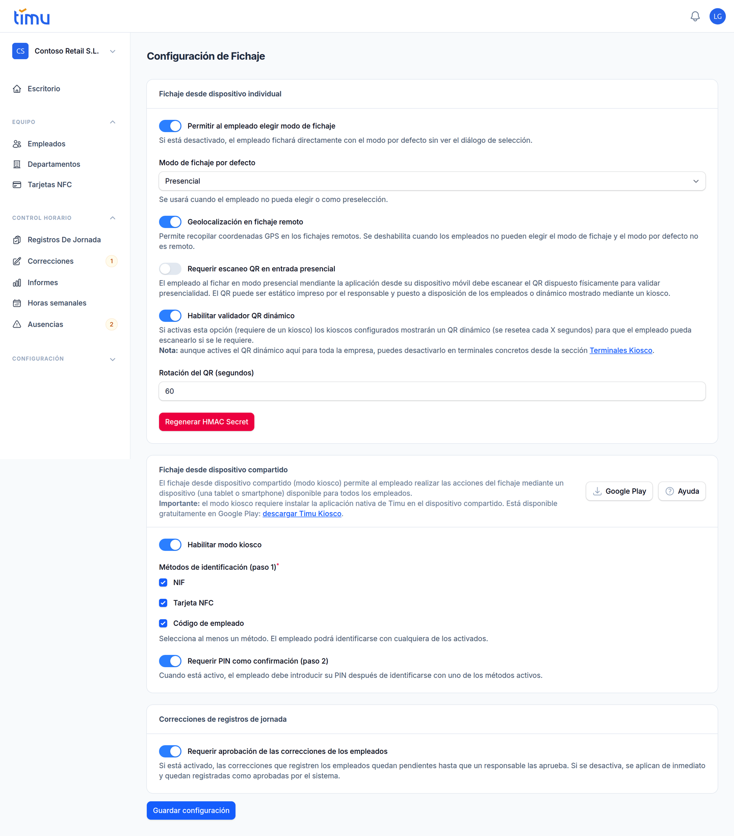 Sección Modo Kiosco de Configuración de Fichaje