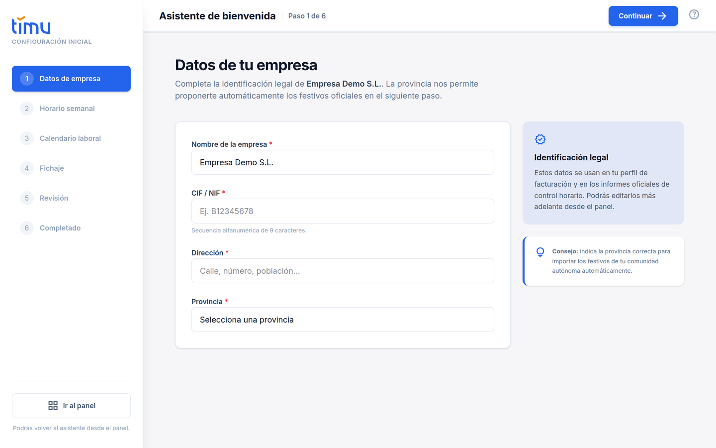 Asistente de bienvenida de Timu: paso 1 de 6 (Datos de empresa) con los seis pasos en la barra lateral