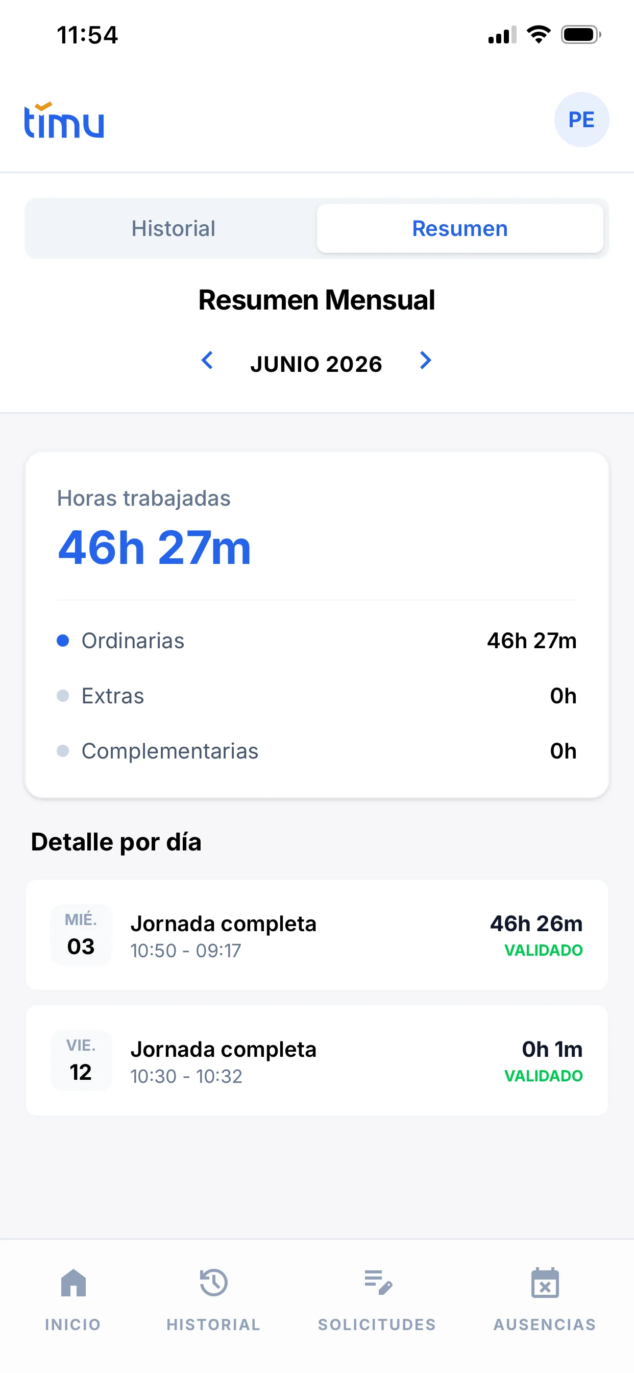 Resumen Mensual de junio 2026 con las horas trabajadas y el desglose en Ordinarias, Extras y Complementarias