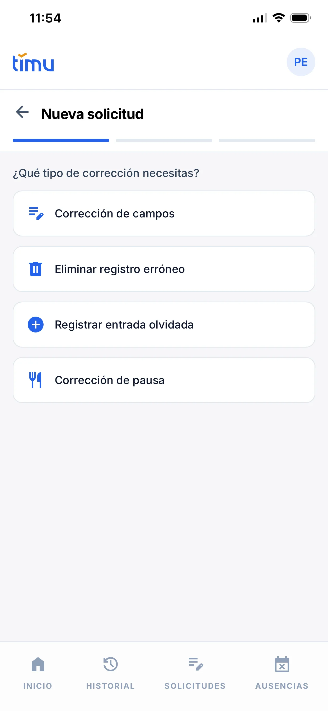 Nueva solicitud, paso 1: los cuatro tipos de corrección (Corrección de campos, Eliminar registro erróneo, Registrar entrada olvidada y Corrección de pausa)