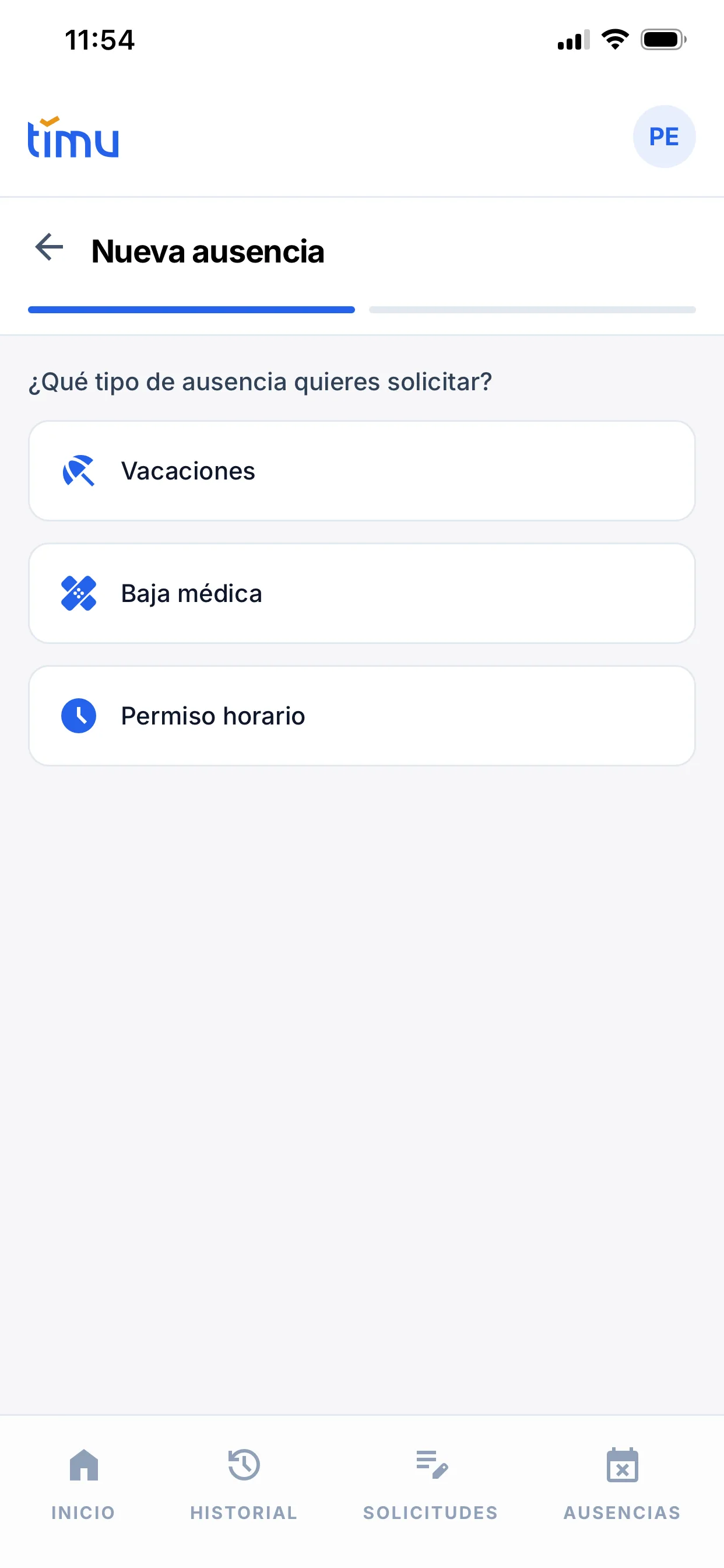 Nueva ausencia: los tres tipos disponibles (Vacaciones, Baja médica y Permiso horario)