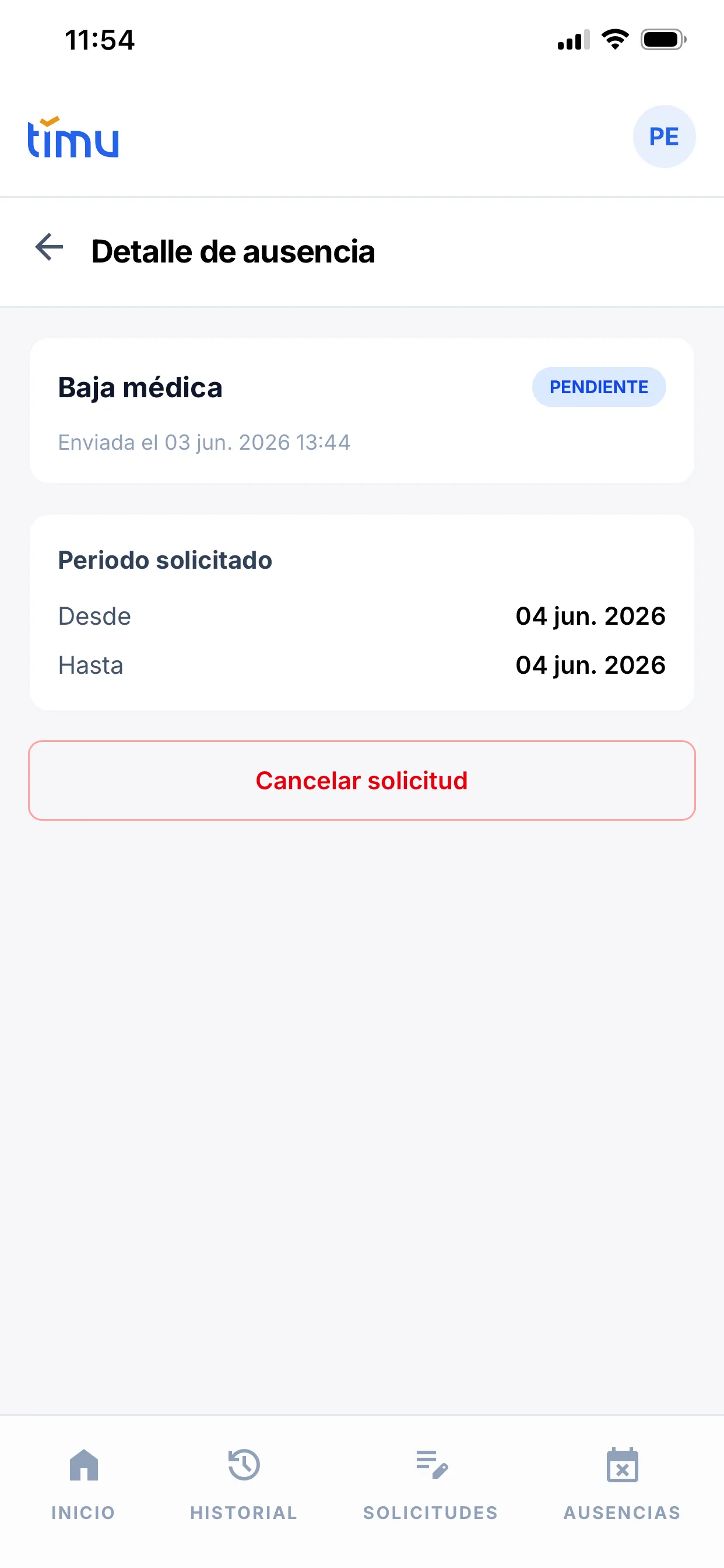 Detalle de una ausencia pendiente con el periodo solicitado y el botón Cancelar solicitud