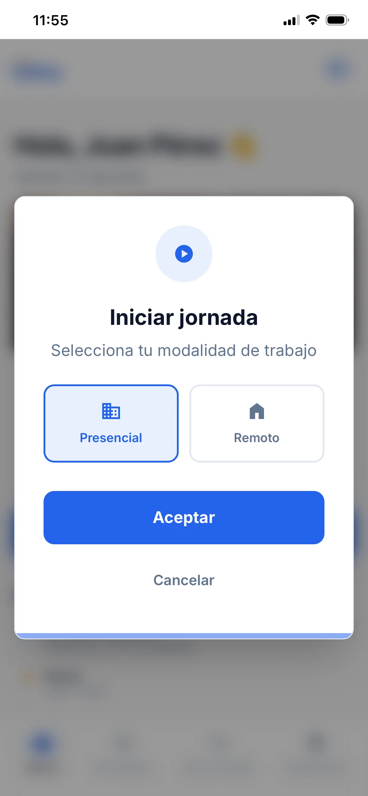 Ventana «Iniciar jornada» para seleccionar la modalidad de trabajo, con las opciones Presencial y Remoto