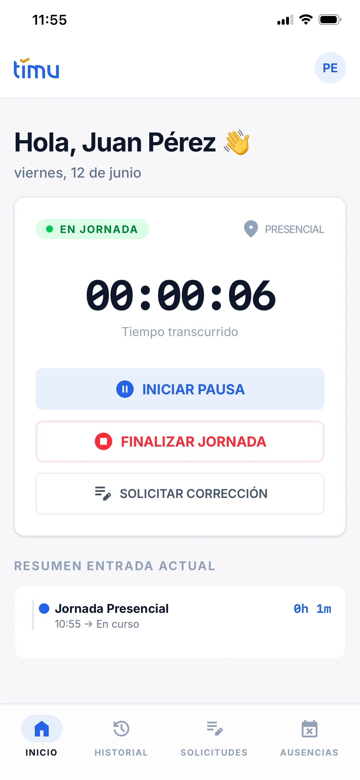 Dashboard en estado «EN JORNADA» con el cronómetro y los botones Iniciar pausa, Finalizar jornada y Solicitar corrección