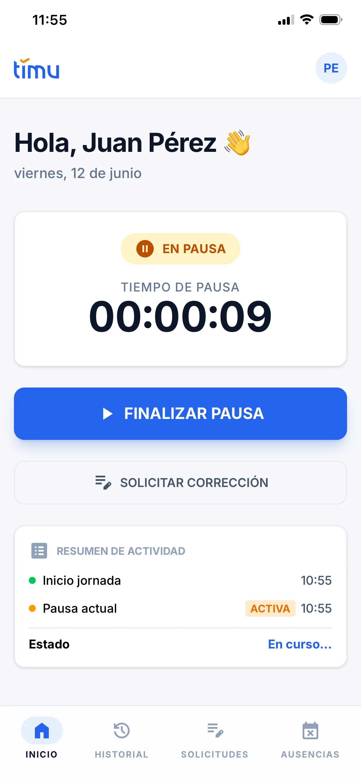 Estado «EN PAUSA» con el cronómetro de la pausa y el botón Finalizar pausa