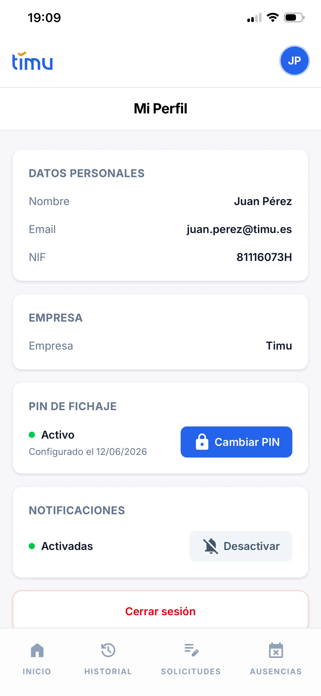 Pantalla «Mi Perfil» con los datos personales, la empresa, el estado del PIN de fichaje y las notificaciones