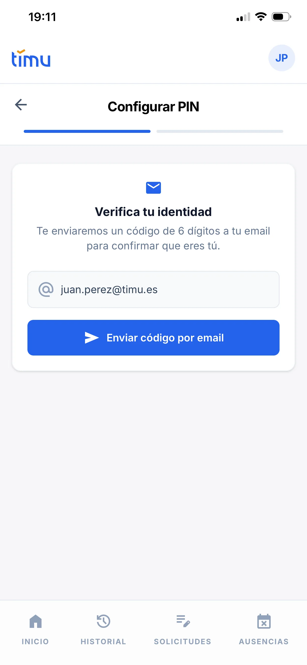 Pantalla «Configurar PIN» con el paso «Verifica tu identidad» y el botón «Enviar código por email»