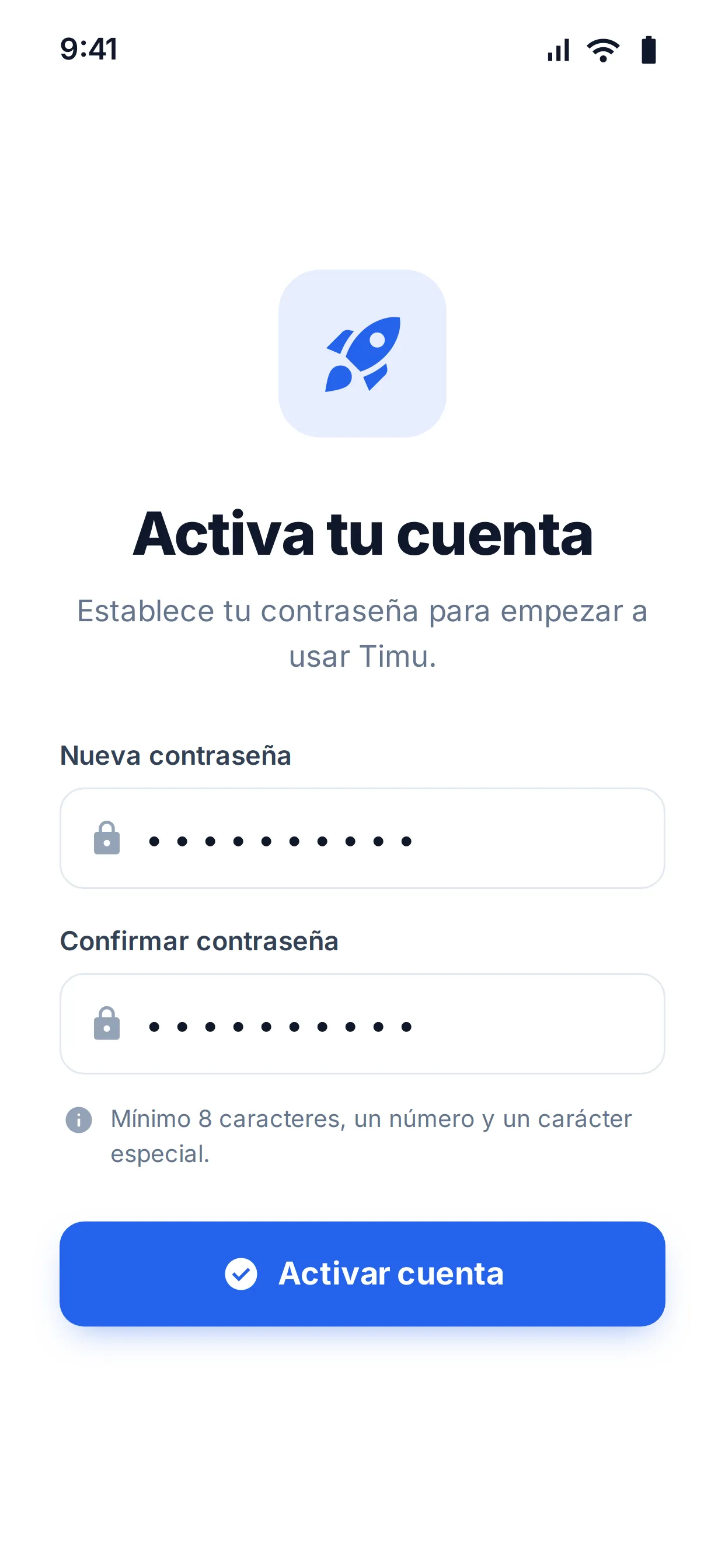 Pantalla «Activa tu cuenta» con los campos Nueva contraseña y Confirmar contraseña y el botón Activar cuenta